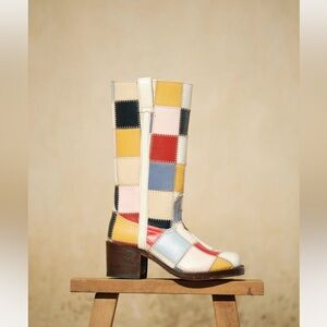 Patchwork Mid-Calf Leather Boots - Multicolor